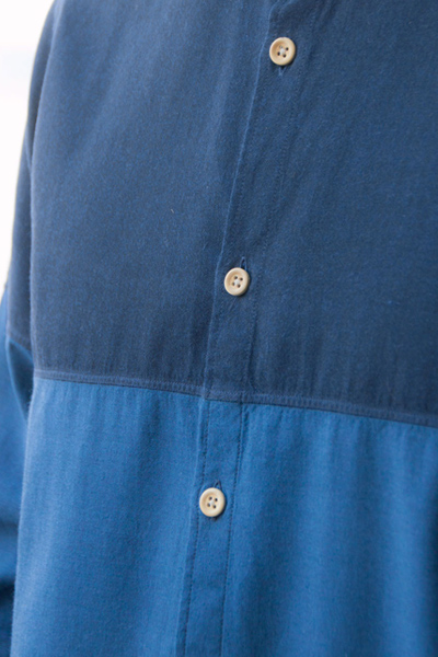 chemise bleue coton biologique col italien fabriquée en France